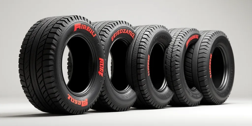 a tire with a red firell logo on it and four tires stacked on top of each other in a row, Alberto Bu