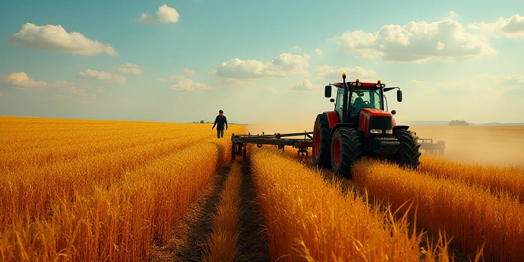 a tractor plowing a field with a plow in the foreground and a man in the background, Federico Uribe,