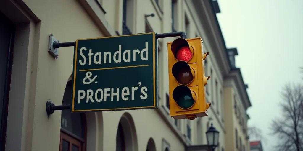 a traffic light hanging from the side of a building next to a sign that says standard & poor's, Engu