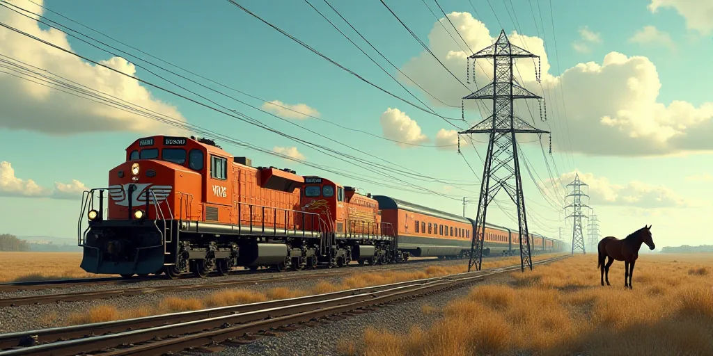 a train is traveling down the tracks near power lines and wires in the sky, with a horse standing in