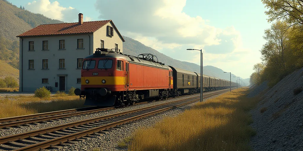 a train is traveling down the tracks near a building and a hill of dirt and grass on the side of the