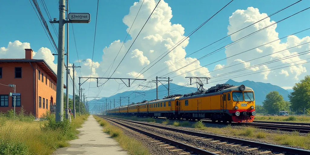a train traveling down a train track next to a building and a street sign with a sky background and