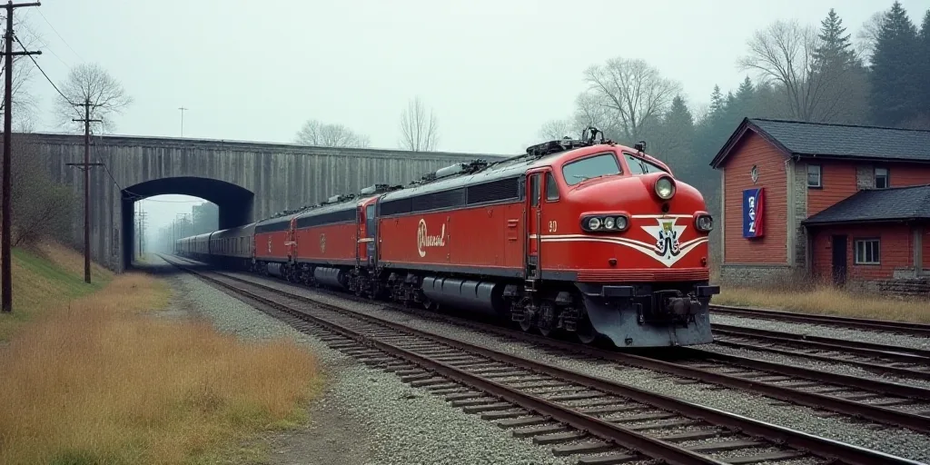 a train traveling down tracks next to a bridge and a building with a flag on it's side, Elbridge Aye