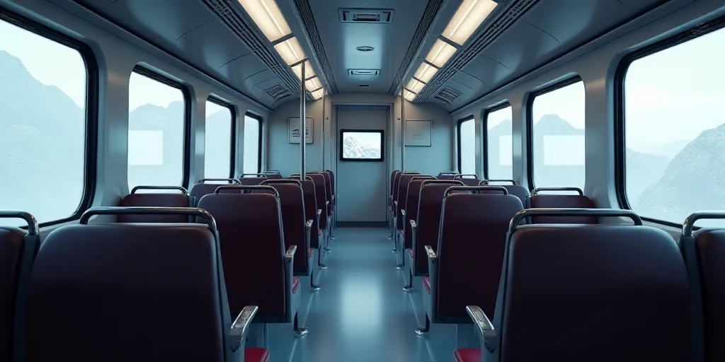 a train with empty seats and a television on the wall above it's windows and a television on the wal