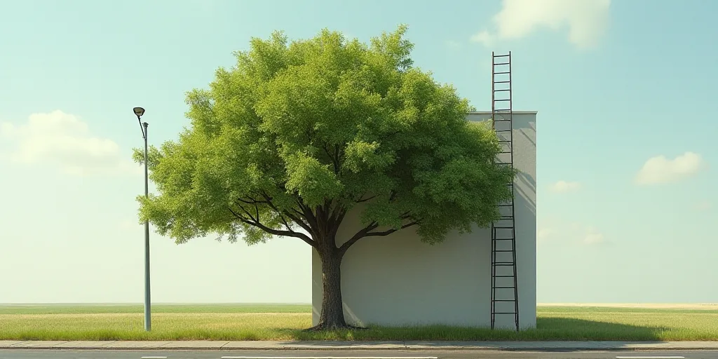 a tree is growing in front of a building with a ladder on it's side and a light pole above it, Bruce