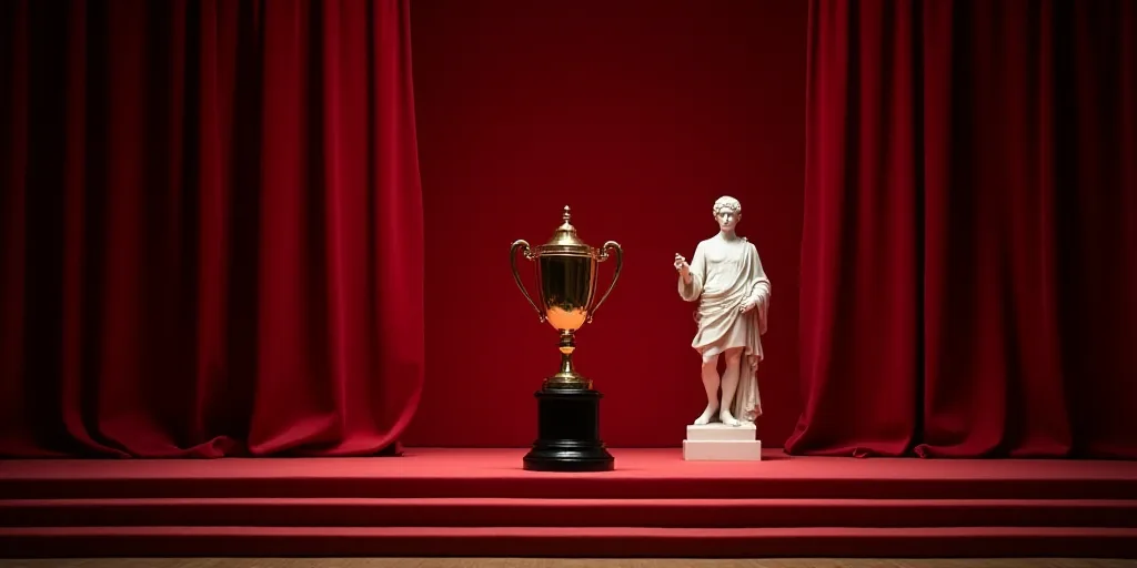 a trophy and a statue on a stage with a red curtain behind it and a red curtain behind it, Edward Ge