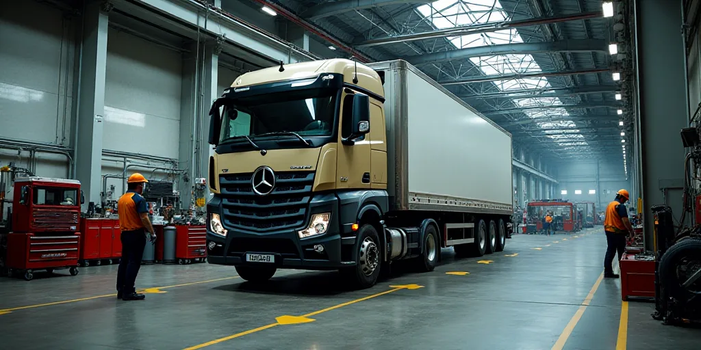 a truck is being worked on in a factory with workers around it and a worker standing next to it, Dah