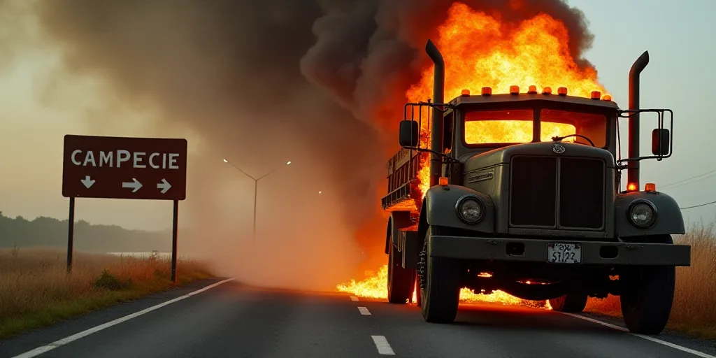 a truck on fire on the side of the road with a sign in the background that says camppecie, Cándido
