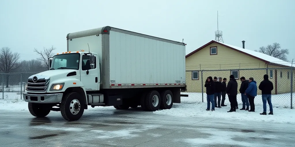 a truck parked in front of a building with a group of people standing around it in front of a fence,