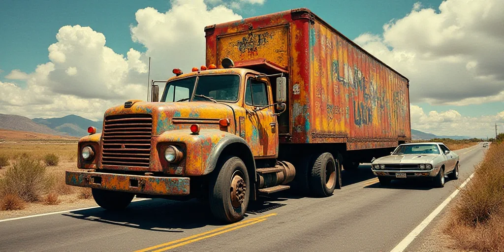 a truck that has been hit by a car on the side of the road and is being towed away, David Alfaro Siq
