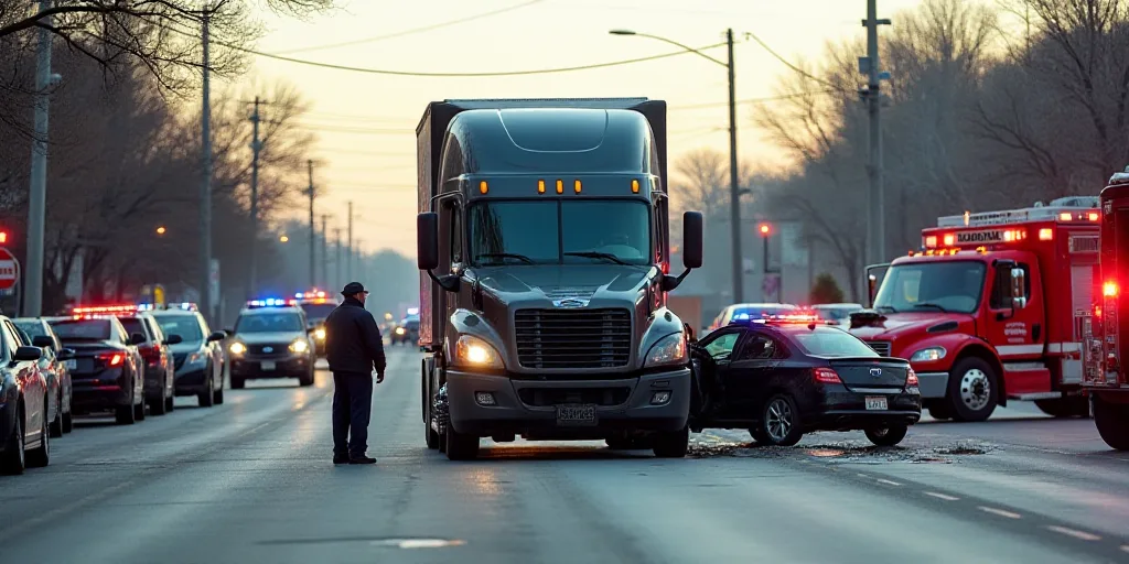 a truck that has crashed into a car on a street with police and fire trucks nearby and a police offi