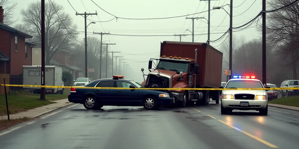 a truck that has crashed into a car on a street with police tape blocking it and a police car behind
