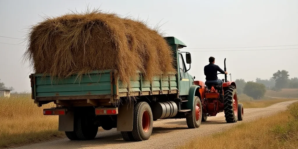 a truck with a load of hay on the back of it and a man on a tractor behind it, Ceferí Olivé, roots