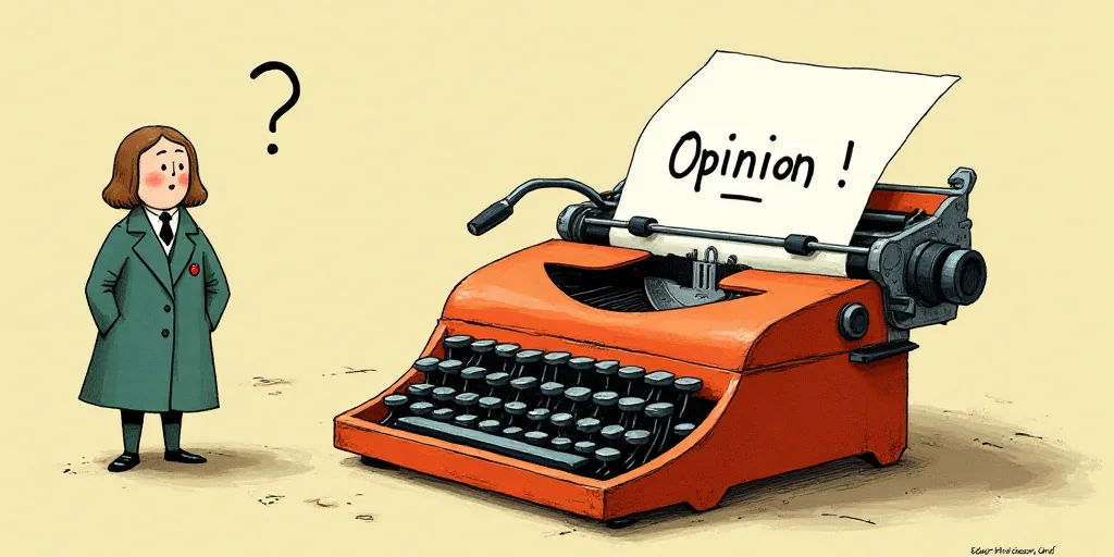 a typewriter with a face drawn on it and a caption for the words opinion and a question, Edward Otho