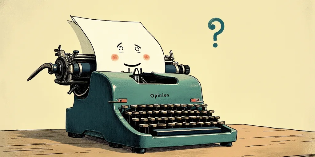 a typewriter with a face drawn on it and a caption for the words opinion and a question, Edward Otho