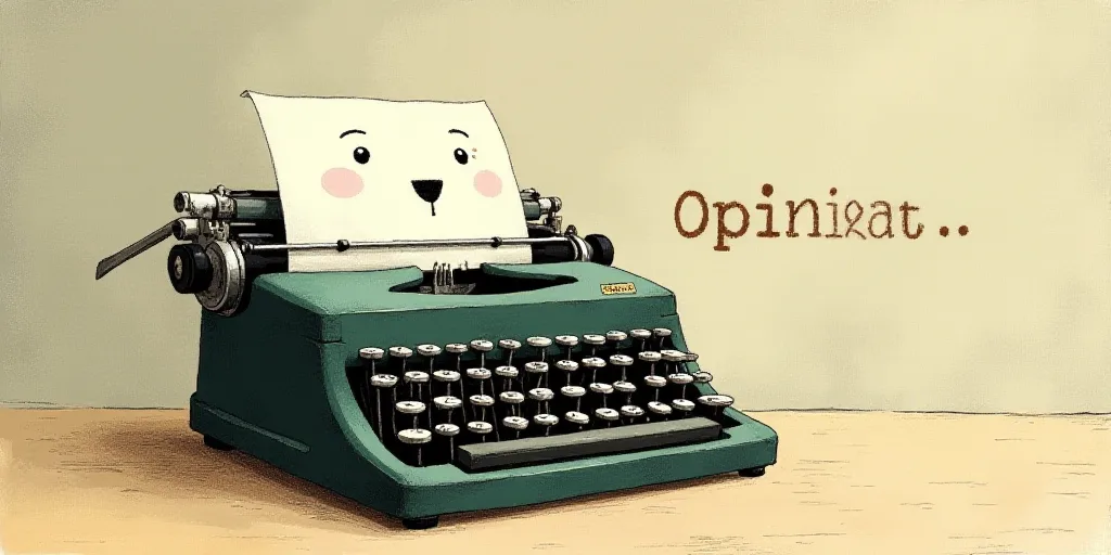 a typewriter with a face drawn on it and a caption for the words opinion and a question, Edward Otho