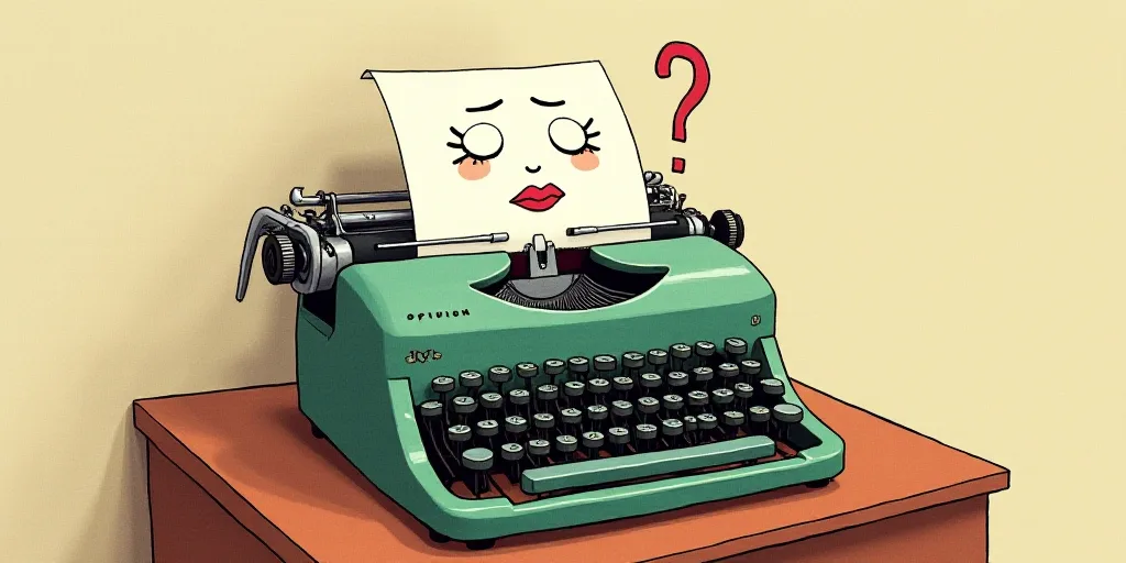 a typewriter with a face drawn on it and a caption for the words opinion and a question, Edward Otho