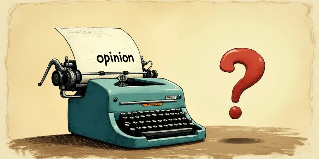 a typewriter with a face drawn on it and a caption for the words opinion and a question, Edward Otho
