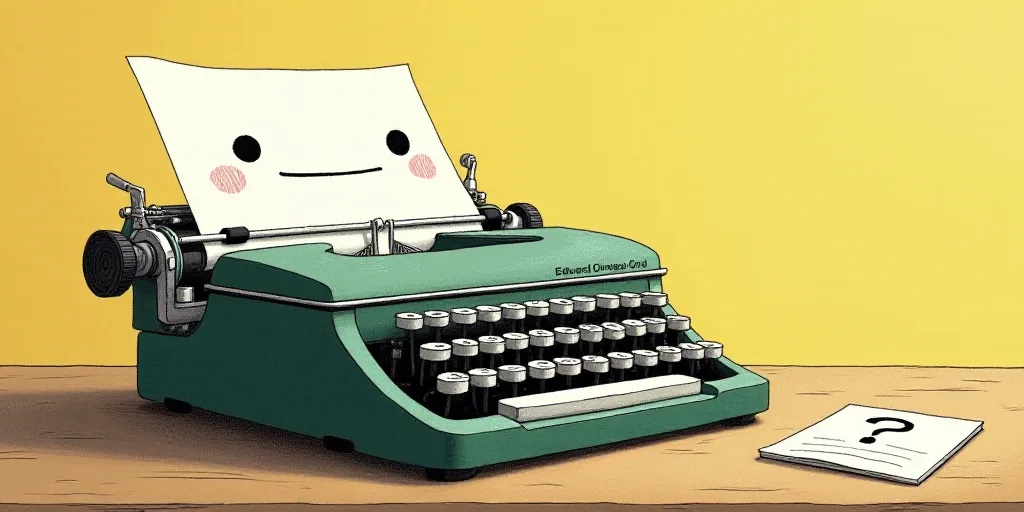 a typewriter with a face drawn on it and a caption for the words opinion and a question, Edward Otho