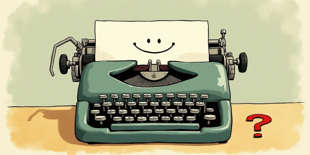 a typewriter with a face drawn on it and a caption for the words opinion and a question, Edward Otho