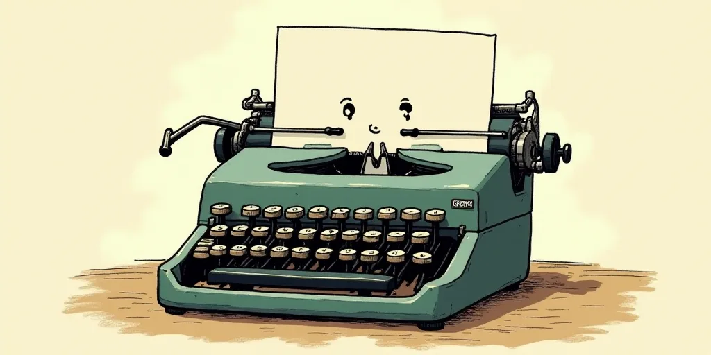 a typewriter with a face drawn on it and a caption for the words opinion and a question, Edward Otho