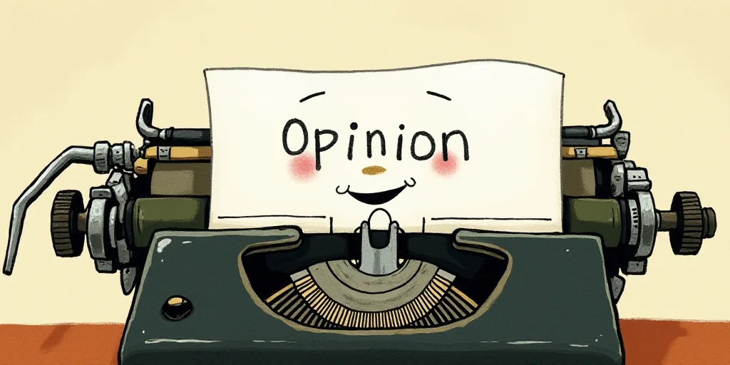 a typewriter with a face drawn on it and a caption for the words opinion and a question, Edward Otho