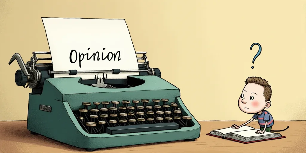 a typewriter with a face drawn on it and a caption for the words opinion and a question, Edward Otho