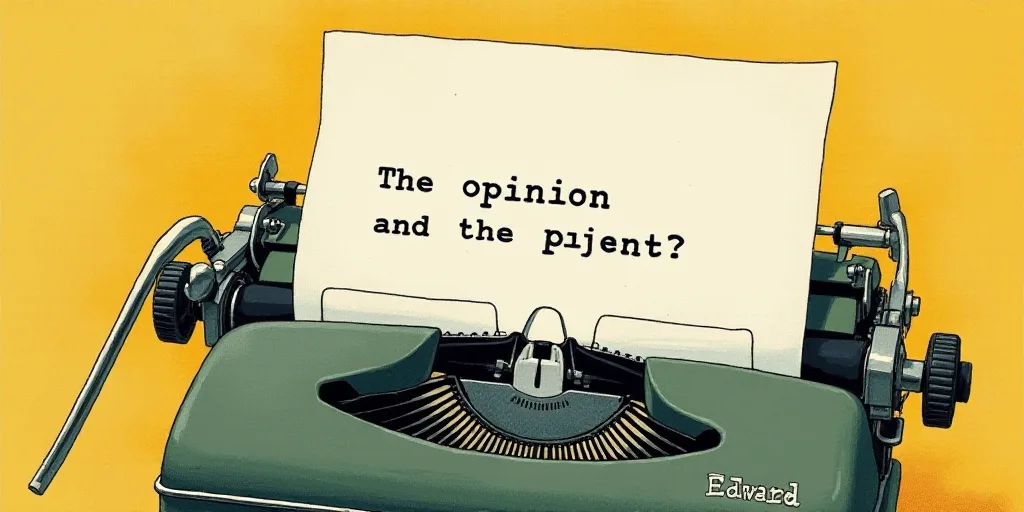 a typewriter with a face drawn on it and a caption for the words opinion and a question, Edward Otho