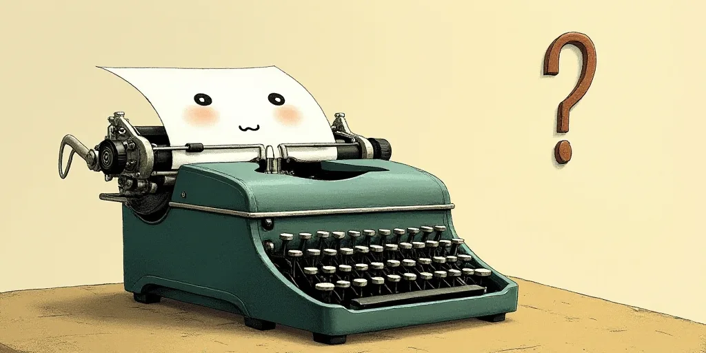 a typewriter with a face drawn on it and a caption for the words opinion and a question, Edward Otho