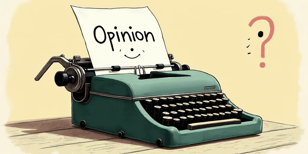 a typewriter with a face drawn on it and a caption for the words opinion and a question, Edward Otho
