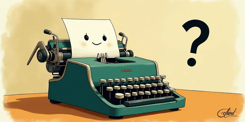 a typewriter with a face drawn on it and a caption for the words opinion and a question, Edward Otho