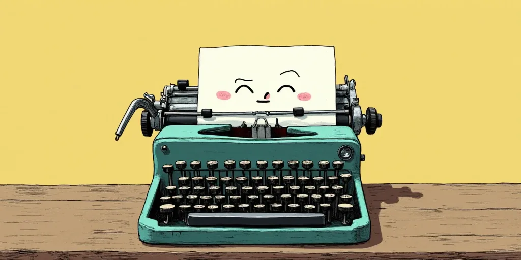 a typewriter with a face drawn on it and a caption for the words opinion and a question, Edward Otho