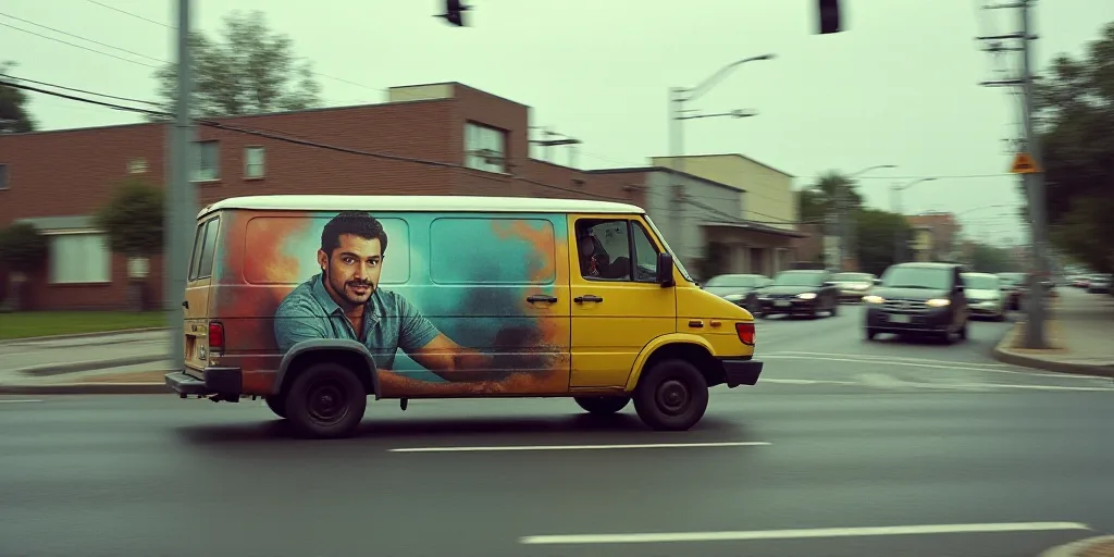 a van with a poster of a man on it's side is driving down a street with other vehicles, Estuardo Mal