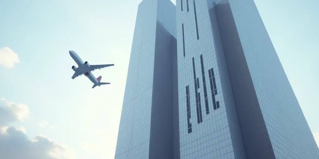 a very tall building with a very large sign on it's side and a plane flying by it, Caspar Wolf, shar