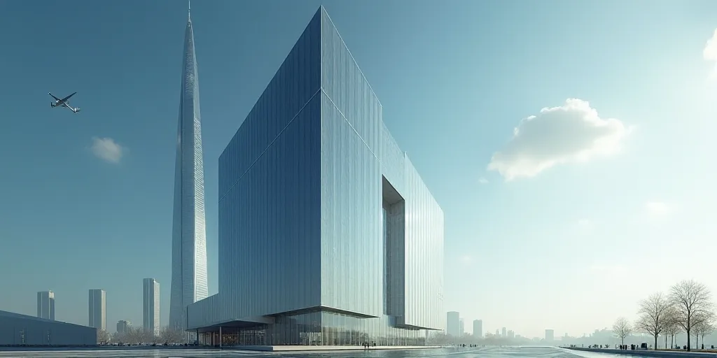 a very tall building with a very tall glass front and a sky scraper in the background with a plane f