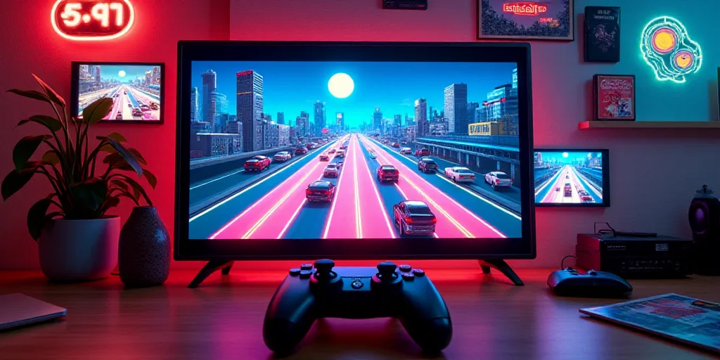 a video game controller sitting in front of a wall of video game artwork with a video game controlle