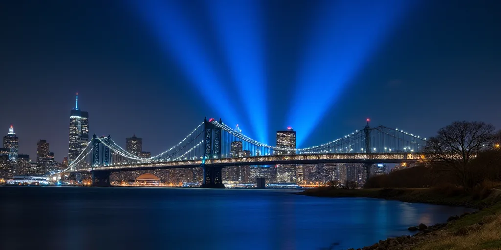a view of a city skyline with a bridge and a light show in the background at night time with a brigh