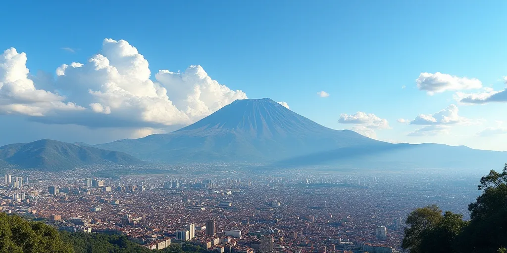 a view of a city with a mountain in the background and a blue sky with clouds in the foreground, Alt