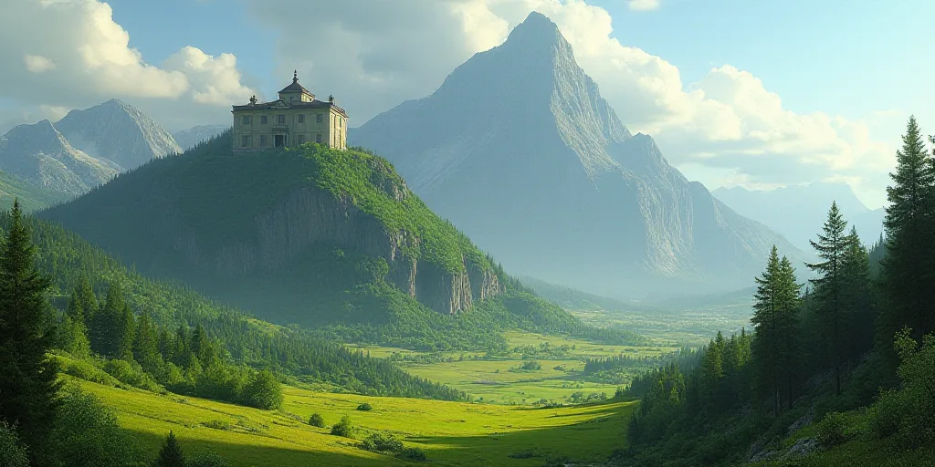 a view of a mountain with a large building on top of it and a green field below it with a mountain i