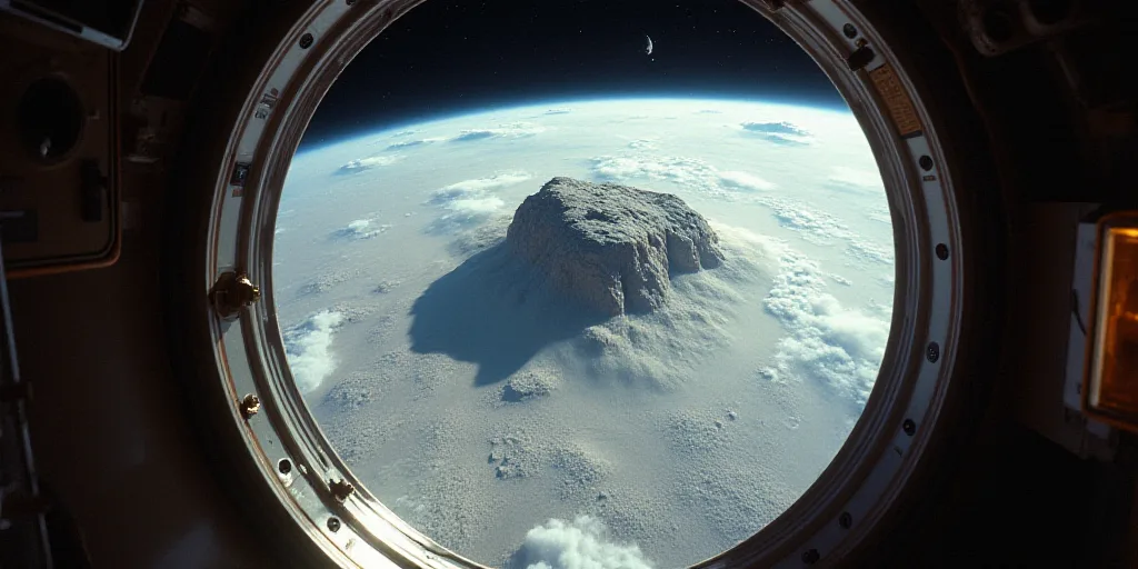a view of the surface of a large rock in the sky from a space station window looking down on a barre