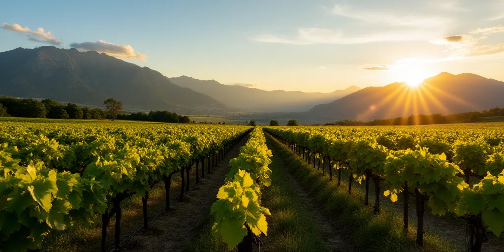 a vineyard with mountains in the background at sunset with a clear sky and a blue sky with a few clo