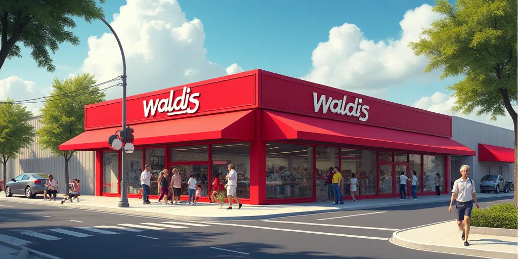a waldis store with a red awning and a red awning outside of it and people walking outside, Estuardo