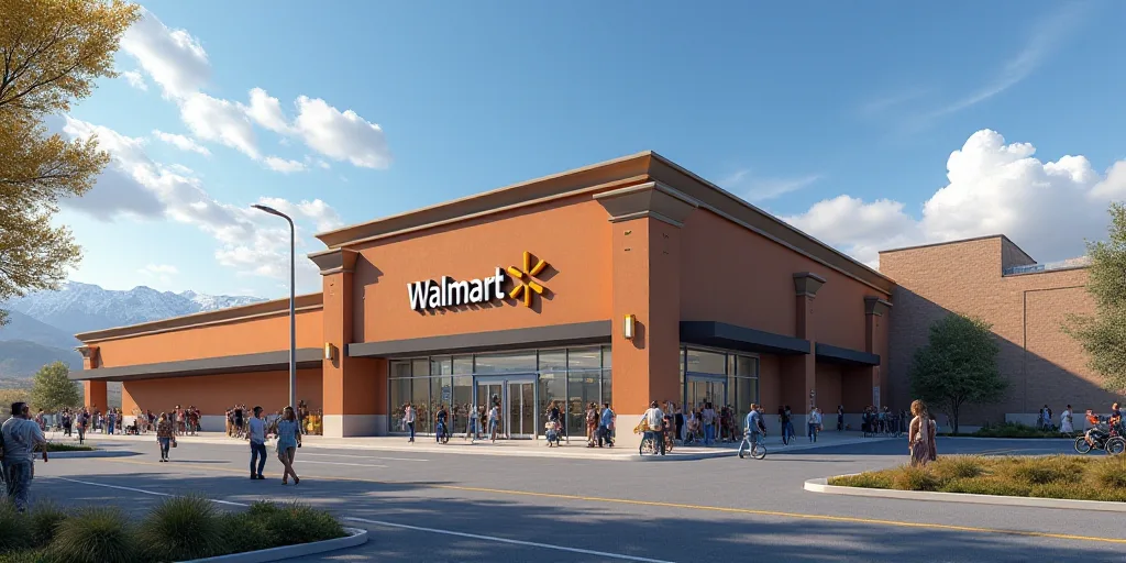 a walmart store with people walking around it and a sign that says walmart on the wall above the ent
