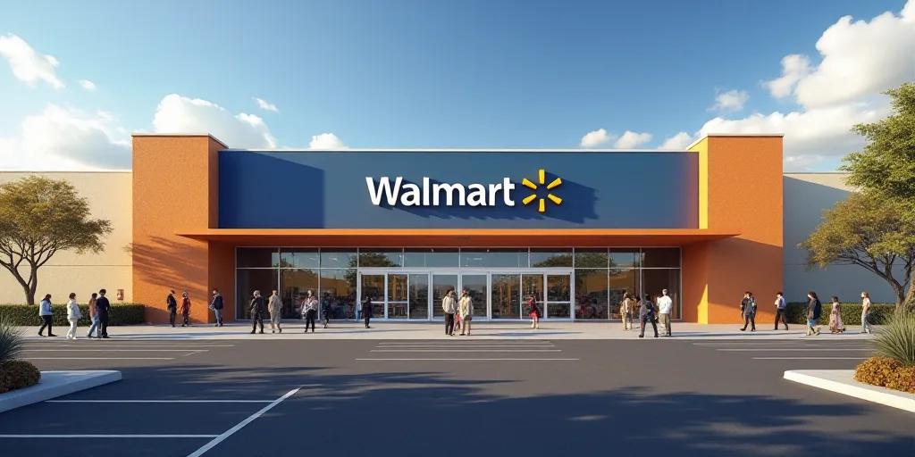 a walmart store with people walking around it and a sign that says walmart on the wall above the ent