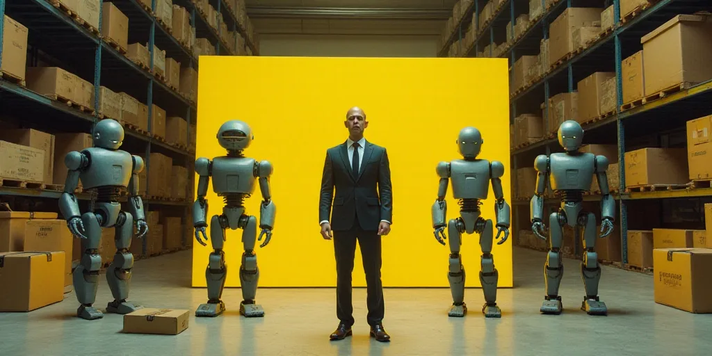 a warehouse with a yellow sign and boxes on the floor and a man in a suit and tie standing in front