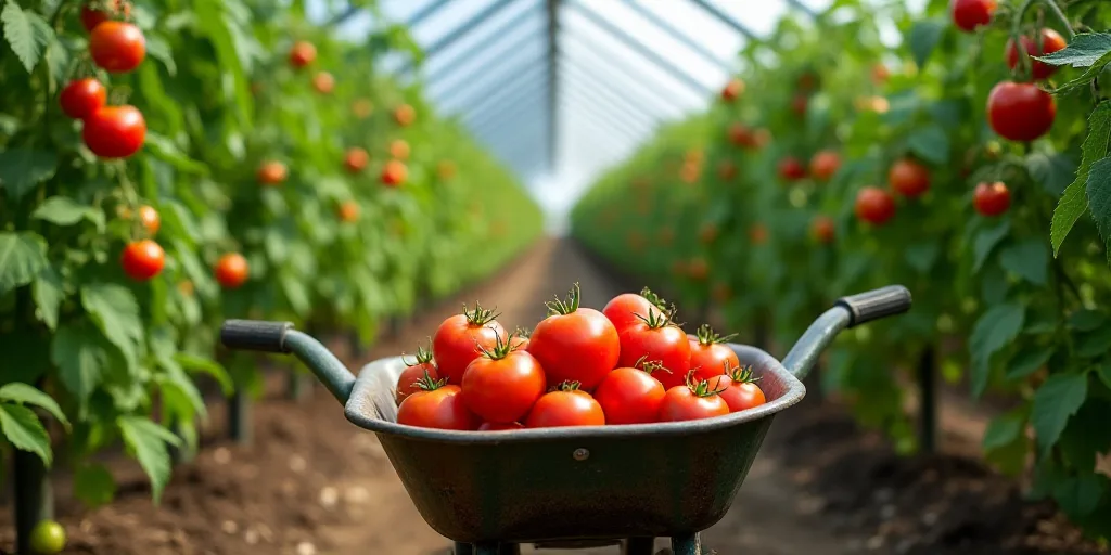 a wheelbarrow full of tomatoes in a greenhouse with green leaves and tomatoes growing on the vine to