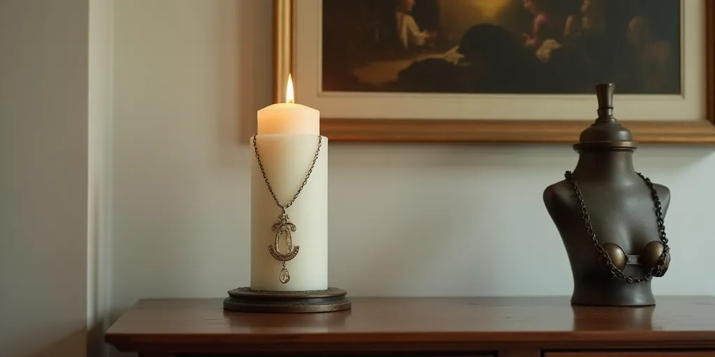 a white candle with a necklace on it sitting on a table next to a wall with a painting on it, Daphne