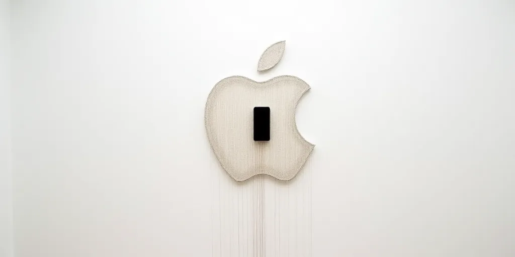 a white wall with a apple logo and some strings hanging from it's sides and a phone in the middle, C