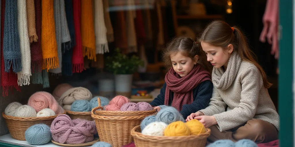 a woman and a girl are looking at a basket of wool in a store window display of scarves, Ceferí Oli