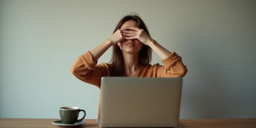 a woman covering her eyes while sitting at a desk with a laptop computer and a cup of coffee in fron